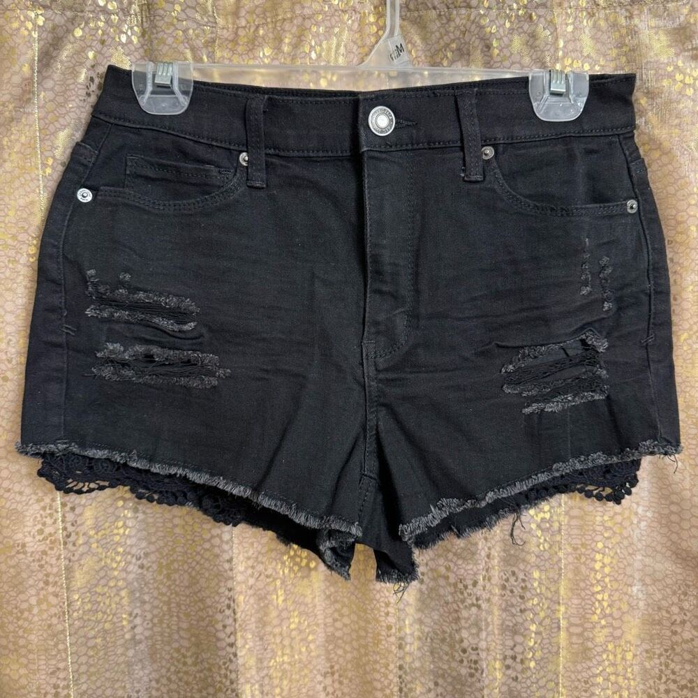 Mudd Black Denim Flx Stretch Distressed Lace Pocket Shorts Size 7